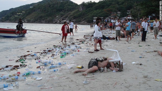 One scene in "Gringo Trails" shows the litter-strewn aftermath of a tourists' full moon party on Haad Rin, Koh Pha Ngan, Thailand.