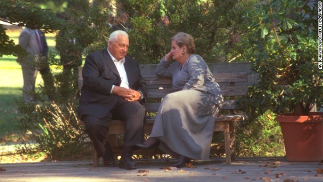 Serving as foreign minister, Ariel Sharon talks with U.S. Secretary of State Madeleine Albright during the October 1998 Middle East peace summit in Maryland.