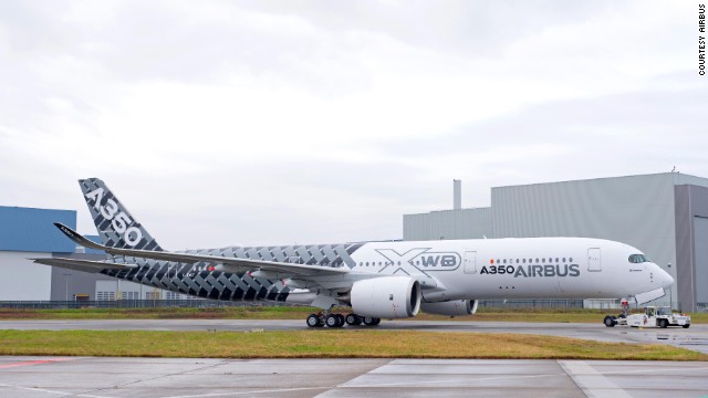 The third A350 XWB test plane with a 'carbon' livery unveiled at Airbus HQ in Toulouse on January 2, 2014. 