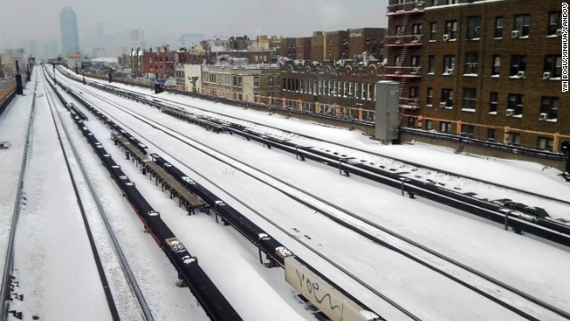 Snow covered the subway train rails in New York City on January 3.