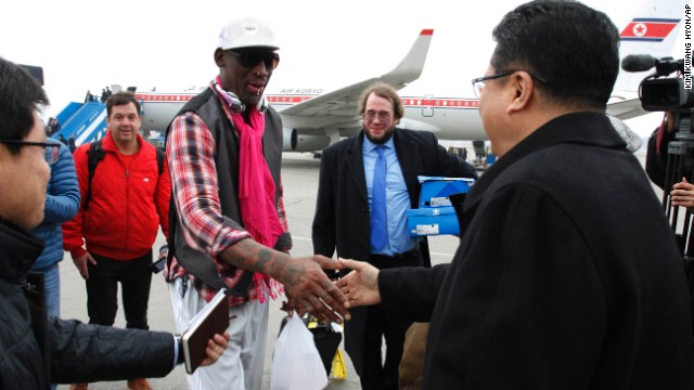 Son Kwang Ho, vice minister of North Korea's Sports Ministry, greets former NBA star Dennis Rodman at the airport in Pyongyang, North Korea, on Monday, January 6. In his latest round of "basketball diplomacy," Rodman made his fourth visit to North Korea, one of the world's most totalitarian states.