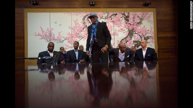 Rodman stands up after he and fellow former NBA players completed a television interview at a hotel in Pyongyang on Tuesday, January 7.