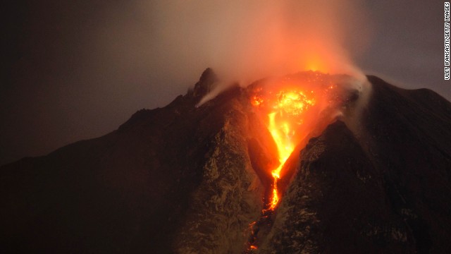 Hot lava runs down Mount Sinabung, one of Indonesia's highest mountains, from a lava dome on January 5.