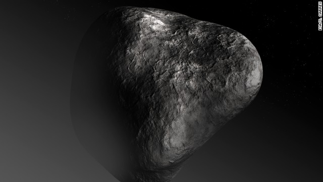 A drawing of the comet's nucleus. The nucleus, or rocky part of the comet, is thought to be about 2.5 miles miles wide.