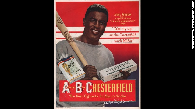 Ground-breaking baseball player Jackie Robinson endorses Chesterfield cigarettes in this 1940s advertisement.
