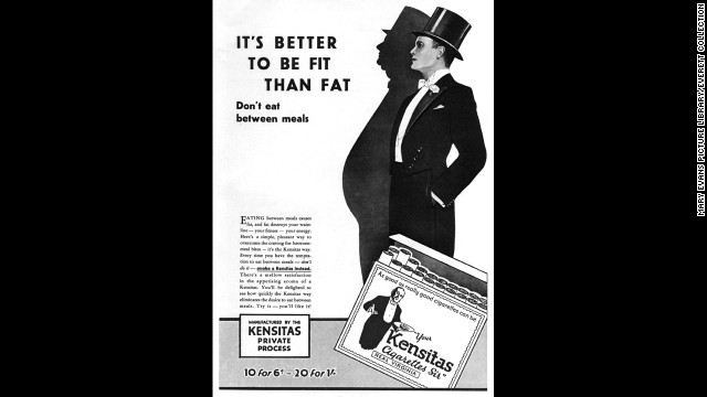 Kensitas cigarettes were marketed as a appetite suppressant in 1929. It suggested having a cigarette between meals instead of snacks.