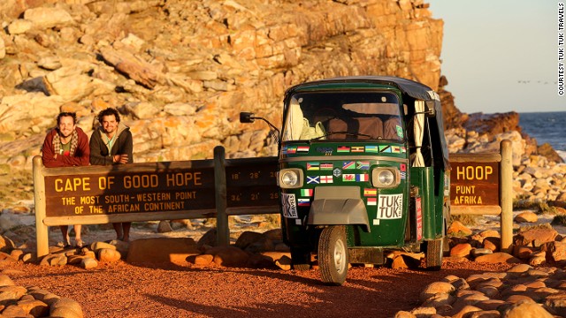 The two 28-year-olds from Guildford, Surrey, claim to be the first to drive a tuk tuk the length of Africa. From South Africa, they shipped their open-sided 395cc rickshaw to India. 