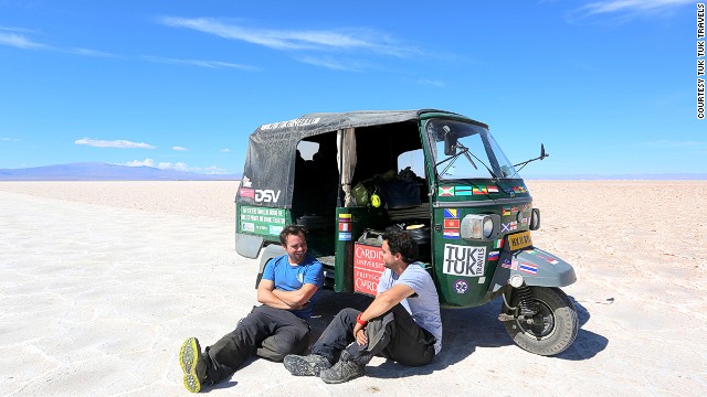 Teachers Nick Gough (right) and Richard Sears (leftt) set off on their global odyssey from London in August 2012 to raise awareness of global education issues. In December 2013, they crossed into Argentina -- the last country of their 42,120-kilometer journey. 