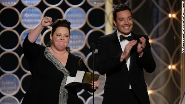 Melissa McCarthy and Jimmy Fallon present the award for best actor in a miniseries or TV movie. It was won by Michael Douglas for his performance in the HBO movie "Behind the Candelabra."