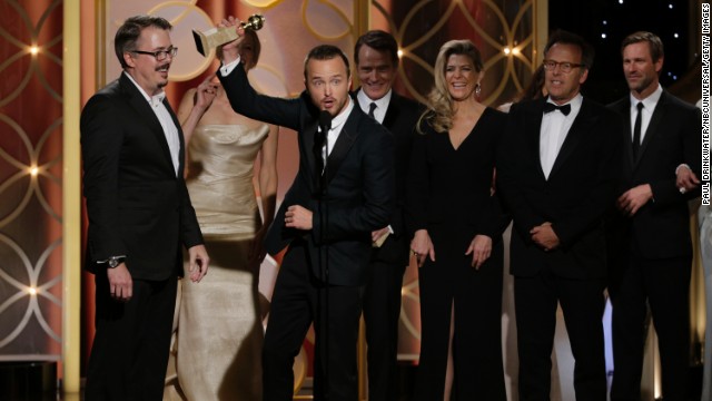 Vince Gilligan, left, and the cast of "Breaking Bad" accept the award for best TV series in the drama category.