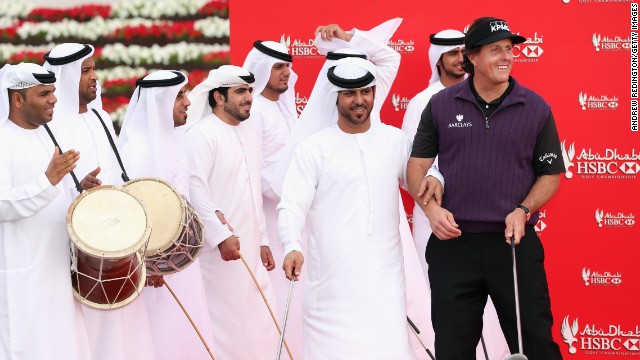 World No.5 Phil Mickelson puts on his dancing shoes as he appears on stage for a traditional Al Razfa performance with a golfing twist.