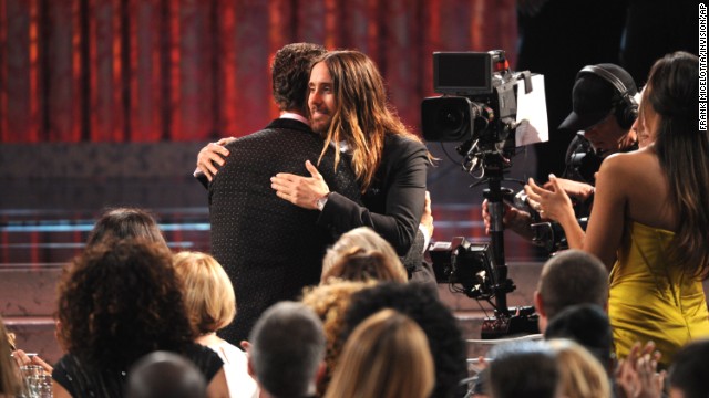 Matthew McConaughey, left, embraces Jared Leto after winning the award for outstanding performance by a male actor in a leading role for "Dallas Buyers Club." Leto won best supporting actor for his role in the film.