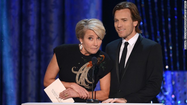 Emma Thompson and Ewan McGregor present the award for male actor in a TV movie or miniseries. It went to Michael Douglas for his role in "Behind the Candelabra."