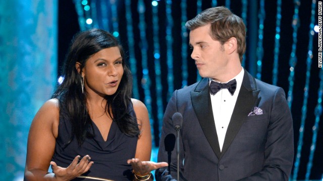 Mindy Kaling and James Marsden present the award for best actress in a drama series. It went to Maggie Smith for her role in "Downton Abbey."