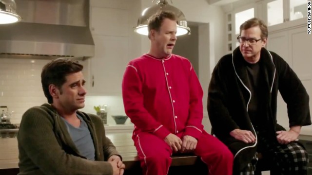 Former "Full House" stars, from left, John Stamos, Dave Coulier and Bob Saget got together again for a Dannon Oikos commercial for Super Bowl 2014. Stamos, a spokesman for the yogurt, promised in a behind-the-scenes clip that the<a href='http://www.youtube.com/watch?v=_cFeBrPUJtg&amp;feature=player_embedded' target='_blank'> spot would be surprisingly funny</a>. 