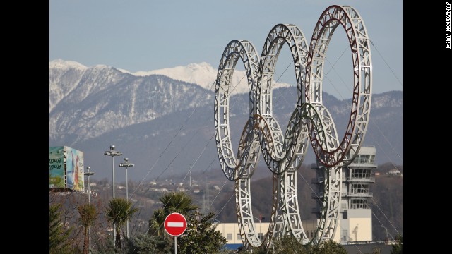 The Olympic rings for the 2014 Winter Olympics are installed in Sochi on September 25, 2012. 