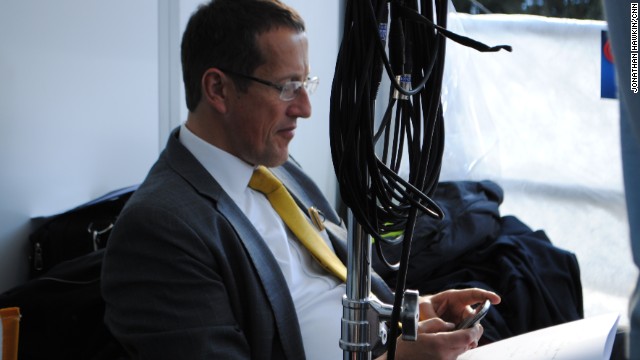 Richard Quest taking a quiet moment before going on air at Davos.