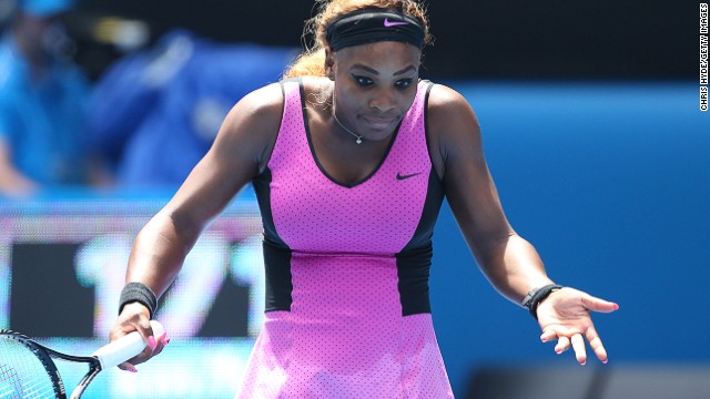 Serena Williams shows her frustration during her fourth round match with Ana Ivanovic. The American was hot favorite to win a sixth singles title in Melbourne but lost to the Serb in three sets 4-6 6-3 6-3 and dash any hopes of a clean sweep of the grand slams in 2014. 