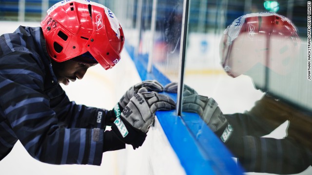 A Somali player gets ready to tackle the ice in training ahead of the Bandy World Championships in Russia.