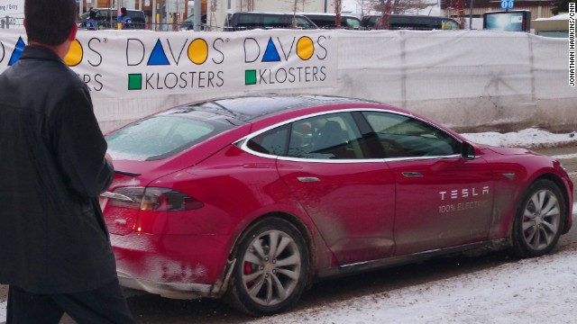 A Tesla Model S demonstrator turns heads driving around Davos.