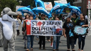 Protesters march to the Japanese Embassy in Manila, Philippines, on September 2, 2013, to decry dolphin and small whales hunt in Taiji.