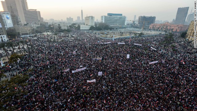 Thousands of Egyptians gather in Cairo's Tahrir Square during a rally marking the anniversary of the 2011 Arab Spring uprising on Saturday, January 25. A spate of deadly bombings put Egyptian police on edge as supporters and opponents of the military-installed government take part in rival rallies for the anniversary.