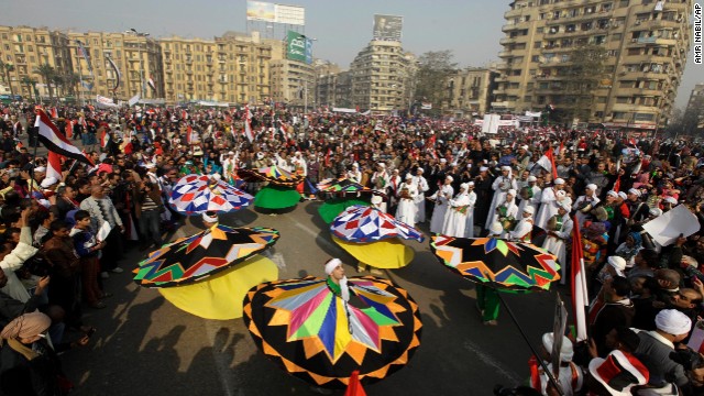 Egyptian traditional dancers perform at a pro-military rally in Tahrir Square. 