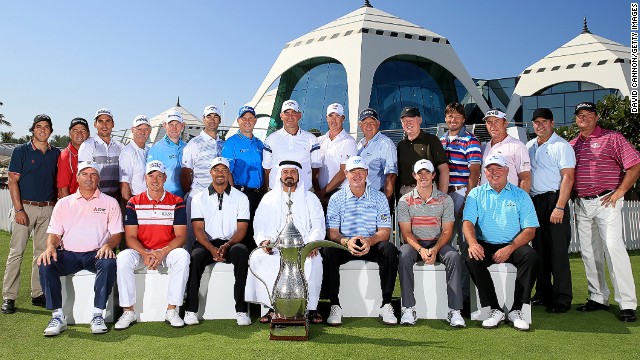 Other former winners include Ernie Els, Rory McIlroy, Colin Montgomerie and Spanish duo Jose Maria Olazabal and Miguel Angel Jimenez, with the champions posing with the distinct trophy alongside Mohamed Juma Buamaim, the vice-chairman and CEO of Golf In Dubai. 