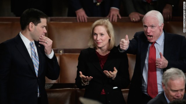 From left, U.S. Sen. Marco Rubio, R-Florida; U.S. Sen. Kirsten Gillibrand, D-New York; and U.S. Sen. John McCain, R-Arizona, wait for Obama's speech.