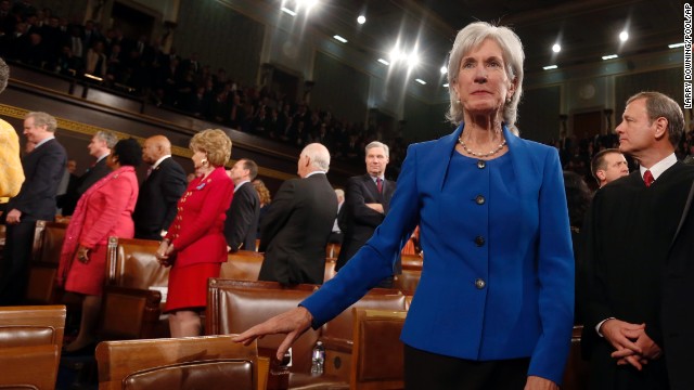 Health and Human Services Secretary Kathleen Sebelius arrives for the address. Obama called on Republicans to stop trying to undermine his 2010 health care reform law passed with no GOP support, saying, "The American people aren't interested in refighting old battles."