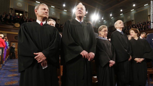 Members of the U.S. Supreme Court (from left): Chief Justice John Roberts, and Justices Anthony Kennedy, Ruth Bader Ginsburg, Stephen Breyer and Elena Kagan prior to the president's speech.