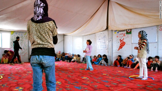 This is a child friendly space, one of several in the camp. There are separate sessions for girls and boys. 