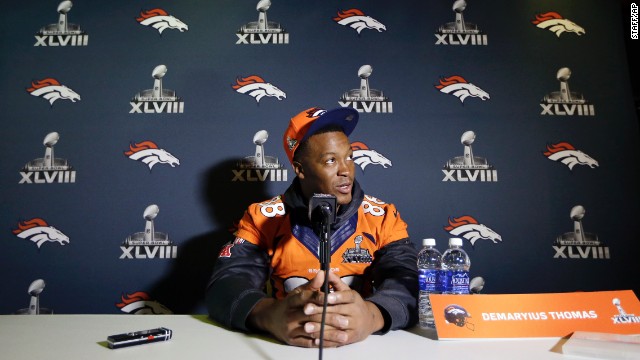 Broncos wide receiver Demaryius Thomas talks with reporters during a Super Bowl XLVIII news conference in Jersey City, New Jersey, on Thursday, January 30.