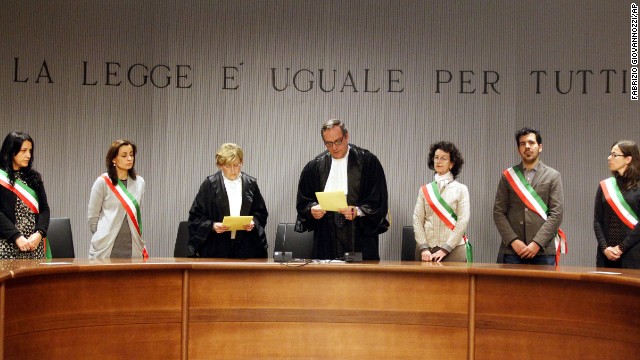 Appeals Court Judge Alessandro Nencini, center, reads out the verdict for the murder of British student Meredith Kercher in Florence, Italy, on Thursday, January 30, 2014. The appeals court upheld the convictions of U.S. student Amanda Knox and her ex-boyfriend Raffaele Sollecito for the 2007 murder of her British roommate. Knox was sentenced to 28 1/2 years in prison, raising the specter of a long legal battle over her extradition. Sollecito's sentence was 25 years.