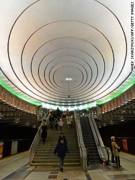 This 2005 underground stop in Warsaw, Poland, named after U.S. President Woodrow Wilson, won a metro design award -- possibly from visiting UFOs. 