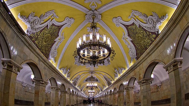 Shall we dance? Looking more like a ballroom than a metro station, Moscow's baroque-style Komsomolskaya stop was inspired by a wartime speech by Stalin.