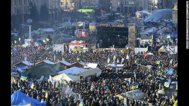 A large crowd of protesters gathers in Kiev on February 2.