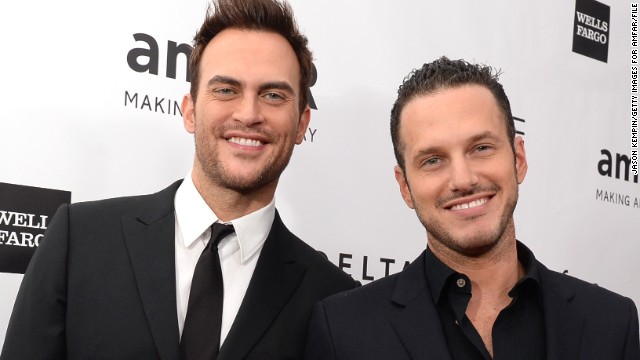 "Glee" star Cheyenne Jackson, left, got engaged to actor Jason Landau in January. 