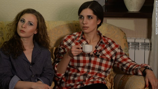 After their release in December, Alyokhina, left, and Tolokonnikova speak with journalists at a hotel in Krasnoyarsk, Russia. Their release was approved when Russian lawmakers backed a sweeping amnesty law announced by Putin. The Russian government said the amnesty marked the anniversary of the adoption of Russia's post-Communist constitution in 1993.
But Tolokonnikova said she felt that the amnesty was a publicity stunt to bolster the government's image before Russia hosts the Winter Olympics.