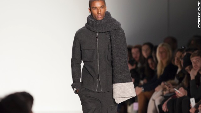 A model walks the runway in warm wool layers for Nautica.