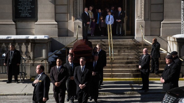 The casket carrying Oscar-winning actor Philip Seymour Hoffman leaves the Church of St. Ignatius Loyola after Hoffman's private funeral service Friday, February 7, in New York City. Hoffman, 46, was found dead in his Manhattan apartment February 1.