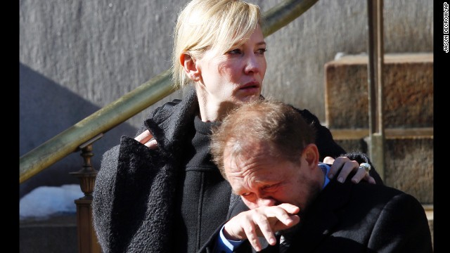 Actress Cate Blanchett and her husband, Andrew Upton, leave the funeral service. Hoffman and Blanchett co-starred in "The Talented Mr. Ripley."