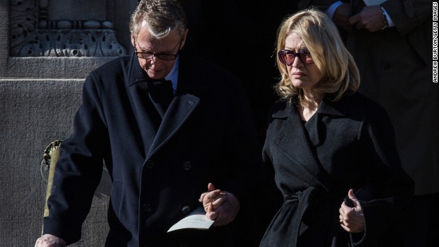 Director Mike Nichols and his wife, Diane Sawyer, attended the service. Nichols directed Hoffman on Broadway in "Death of a Salesman."