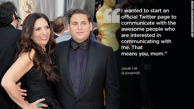 Actor Jonah Hill, who has almost 4 million Twitter followers, brought his mother, Sharon Lyn, to the Oscars in 2012. 