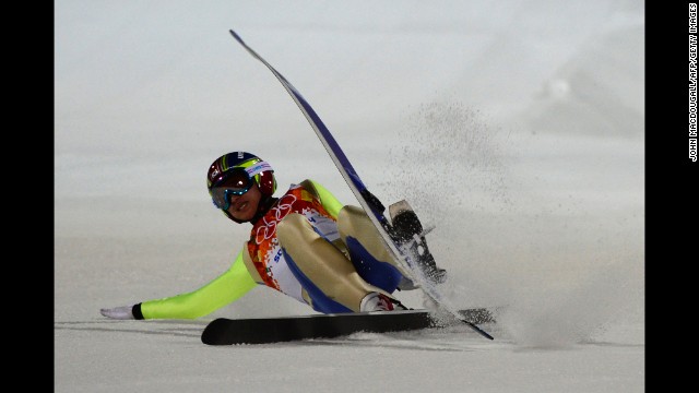 South Korean ski jumper Choi Heung-Chul falls while competing in the men's normal hill event February 8.