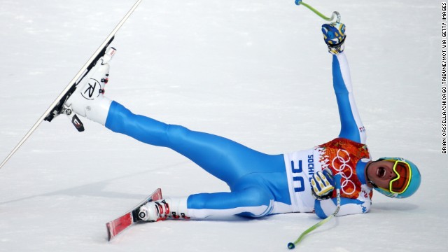 Italian skier Christof Innerhofer reacts after winning the silver medal in the men's downhill February 9.