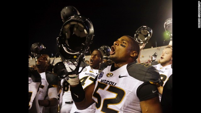 Sam sings the school song after Missouri defeated Indiana on September 21 in Bloomington, Indiana. 