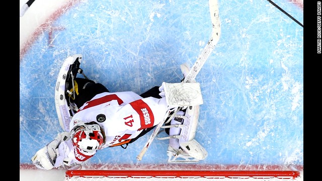 Florence Schelling tends goal for Switzerland during a game against the United States on February 10.