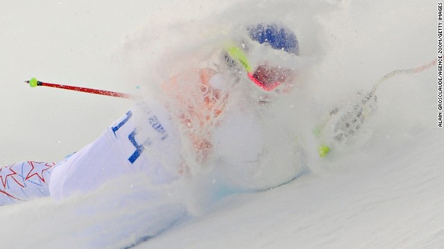 U.S. skier Laurenne Ross crashes during the women's super-combined event February 10.