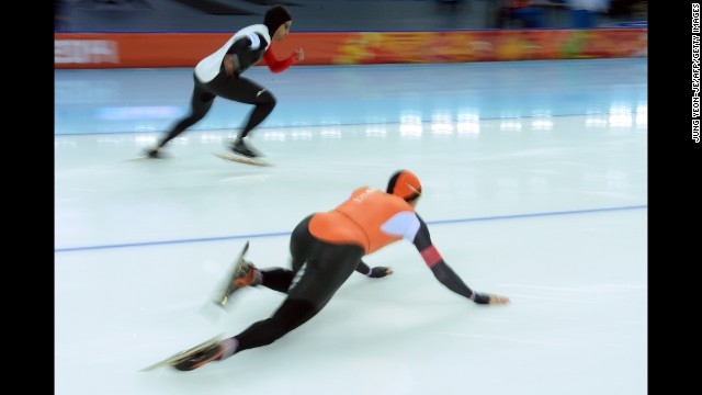 Dutch speedskater Stefan Groothuis falls February 10 during the men's 500 meters.